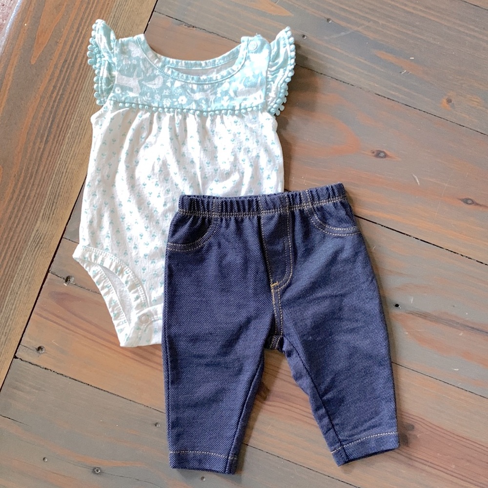 **5 for $30** — Ruffle sleeve onesie and jeans